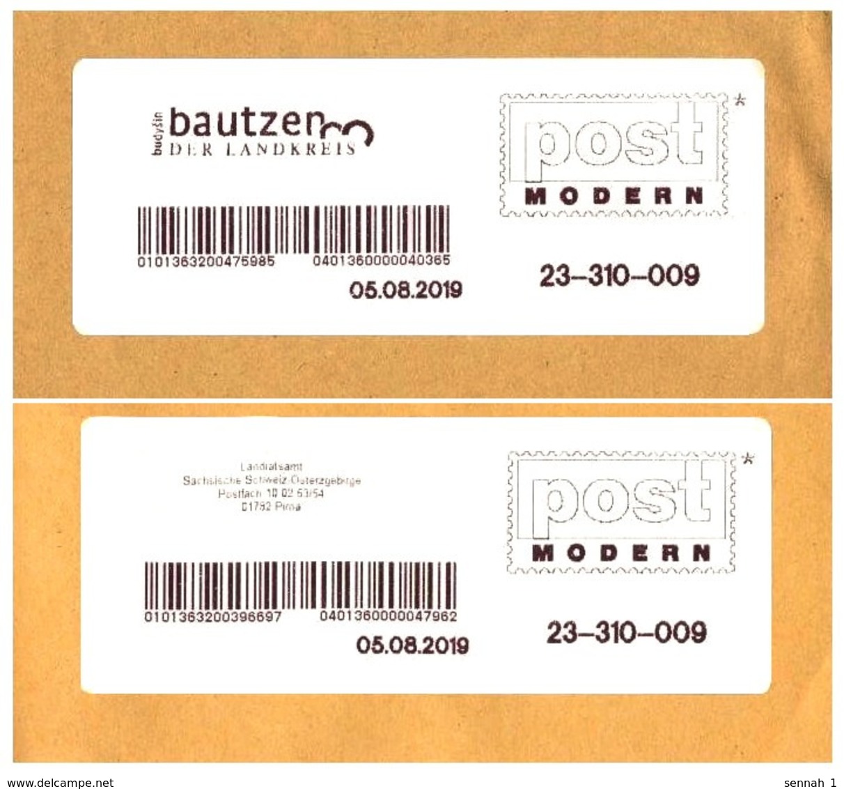 Bund / Post Modern [01129 Dresden]: Stempel / Cancel 'Pirna [01782] - Bautzen [02625], 2019' - Privados & Locales