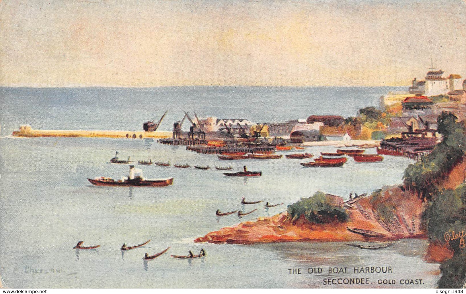 M08614 "THE OLD BOAT HARBOUR SECCONDEE-GOLD COAST"-CART. ORIG. ILLUSTRATA NON SPED. - Ghana - Gold Coast