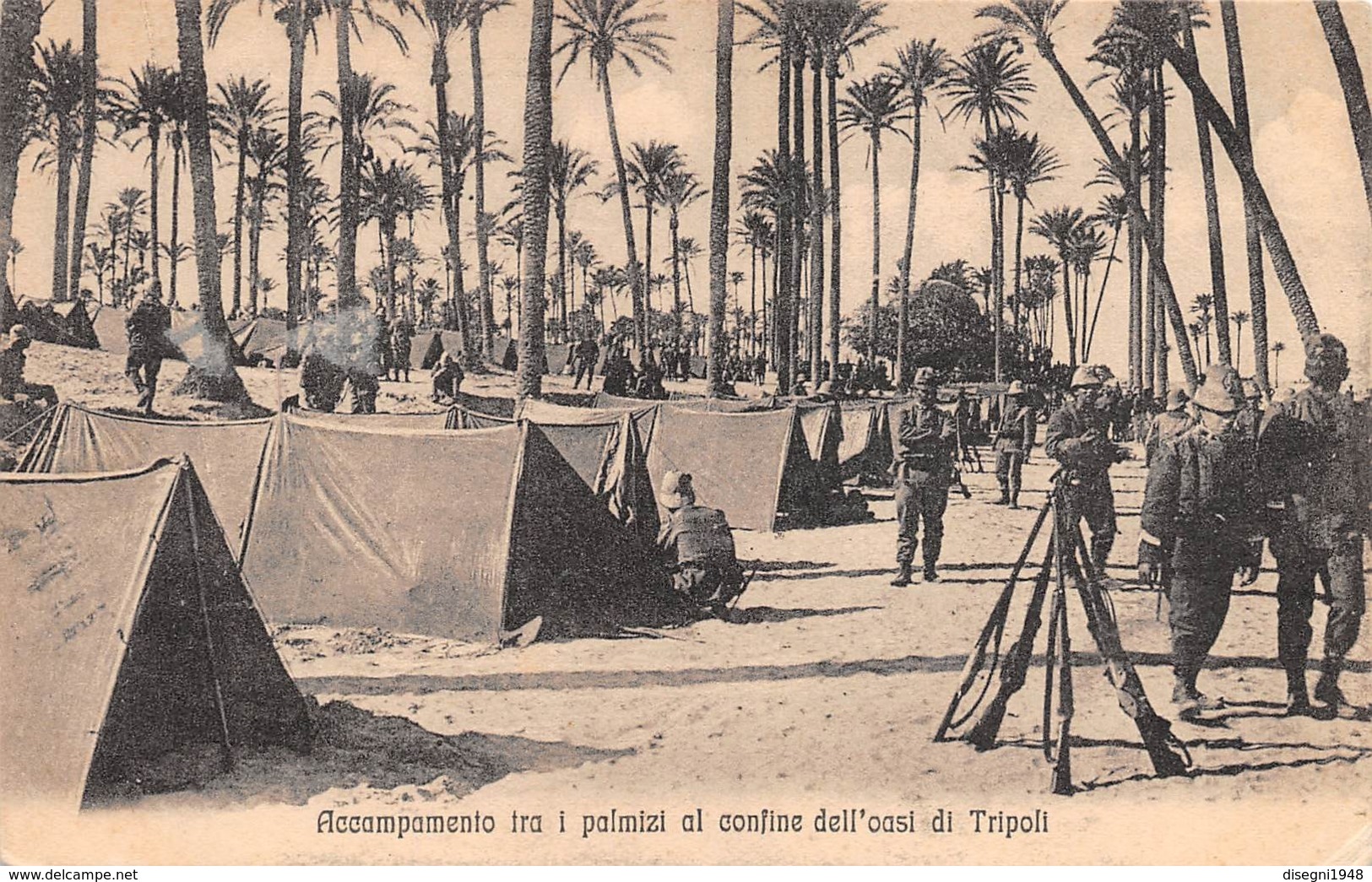 M08616 "ACCAMPAMENTO TRA I PALMIZI AL CONFINE DELL'OASI DI TRIPOLI"GUERRA ITALO-TURCA-1911-SOLDATI-CART. ORIG. NON SPED. - Libia