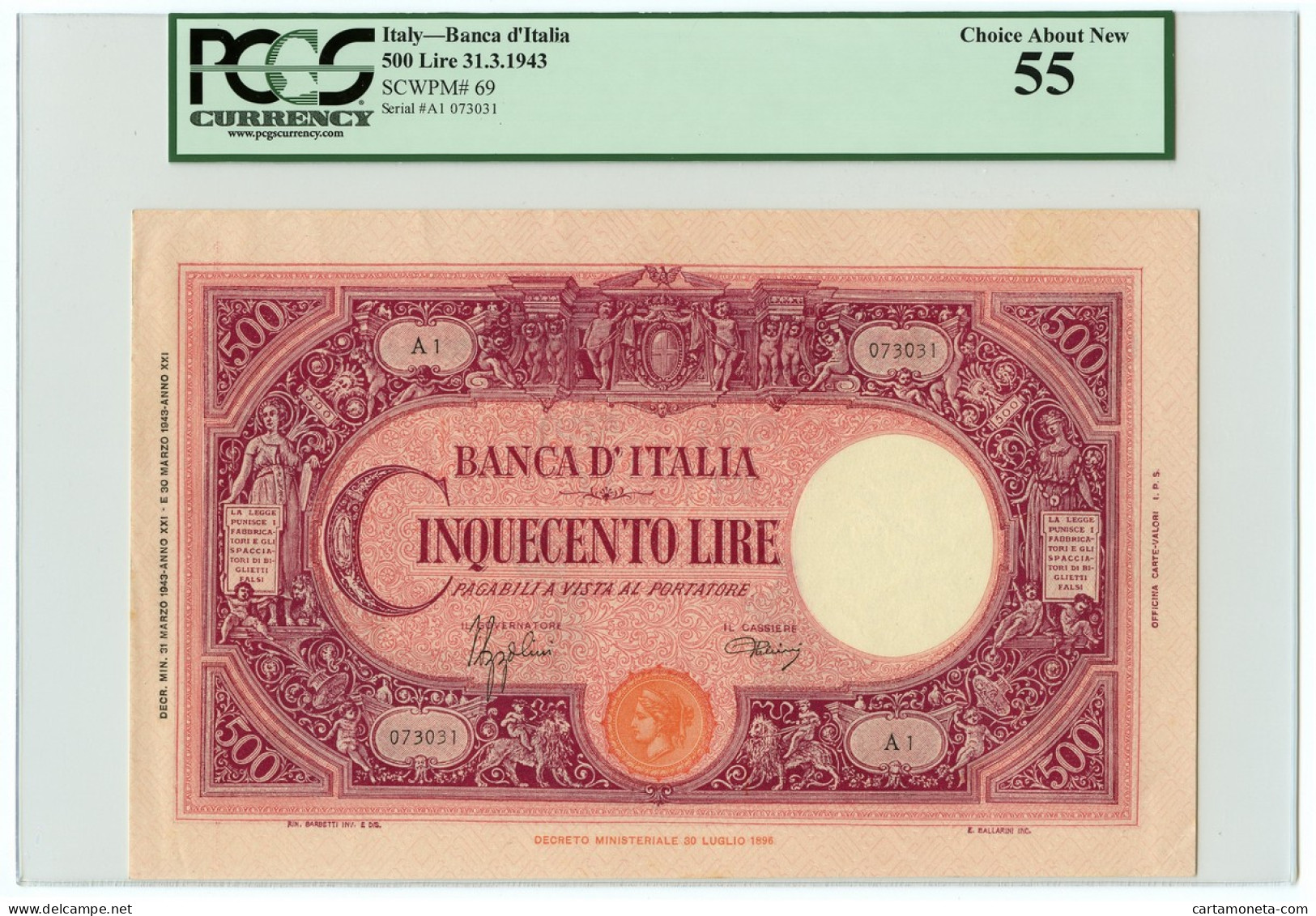 500 LIRE BARBETTI GRANDE C TESTINA FASCIO PRIMA SERIE A1 31/03/1943 SUP - Regno D'Italia – Autres
