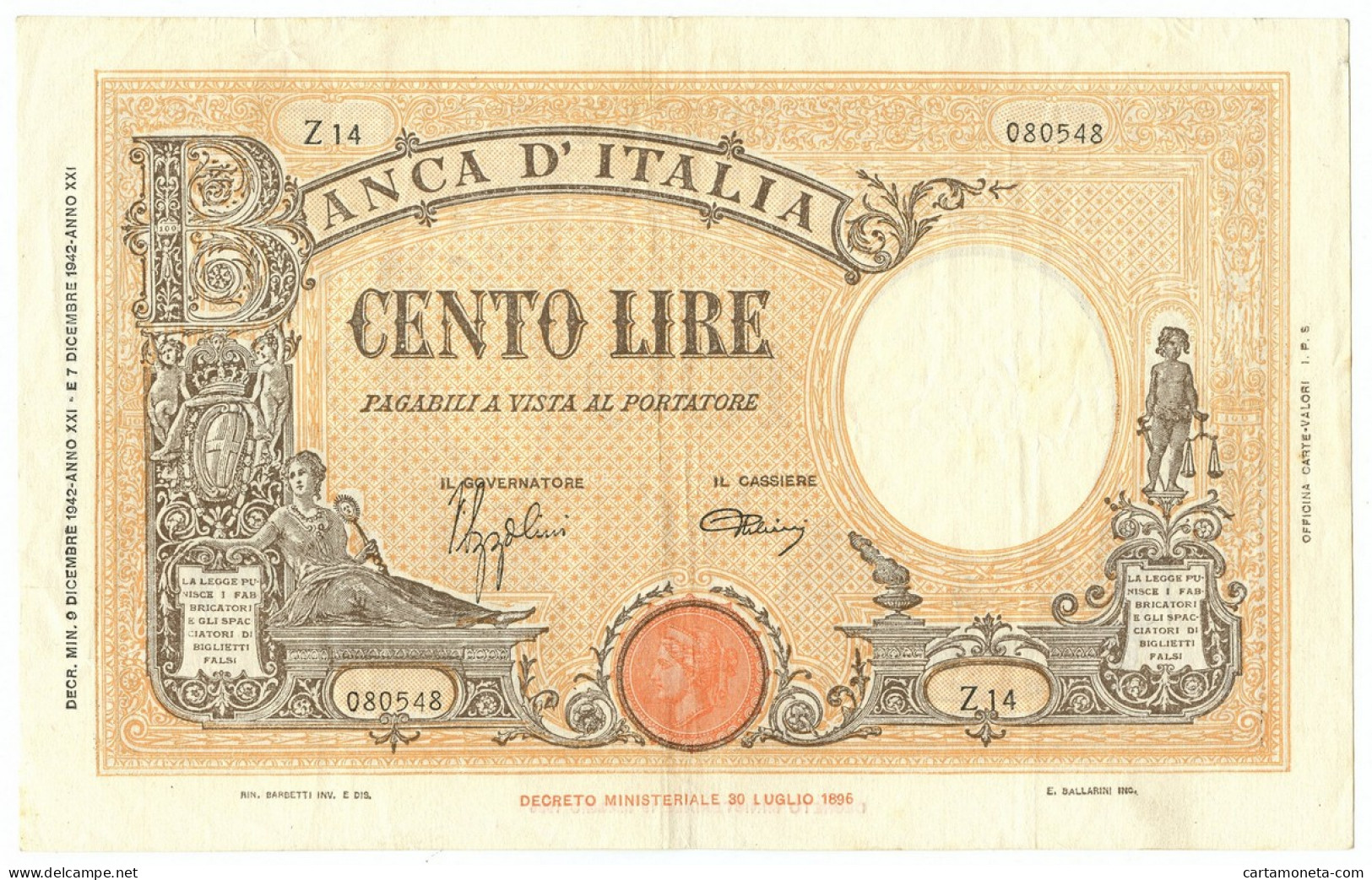 100 LIRE BARBETTI GRANDE B GIALLO TESTINA FASCIO 09/12/1942 BB+ - Regno D'Italia – Other