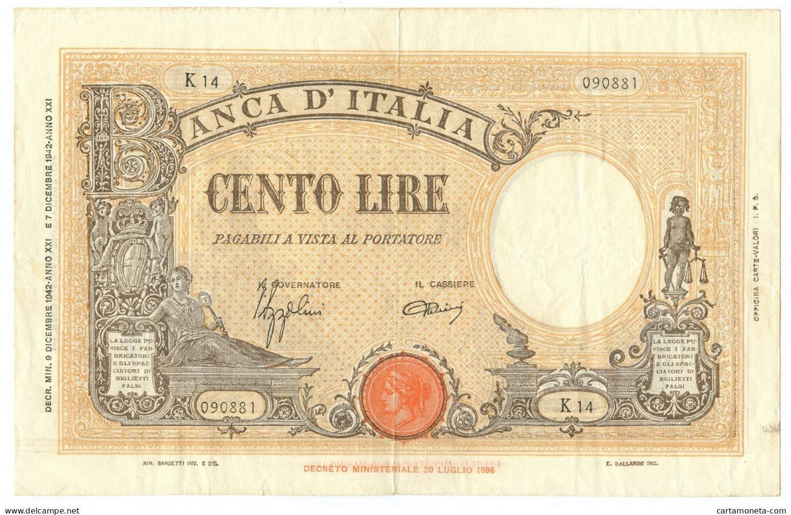 100 LIRE BARBETTI GRANDE B GIALLO TESTINA FASCIO 09/12/1942 BB+ - Regno D'Italia – Other