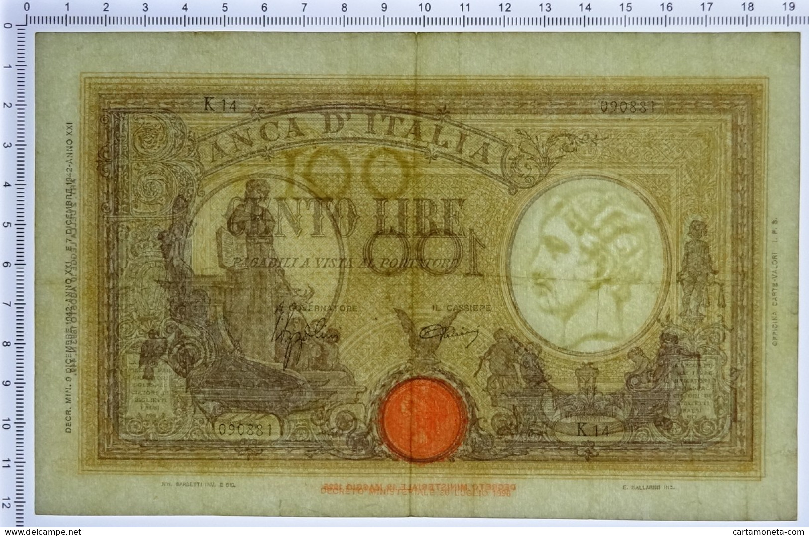 100 LIRE BARBETTI GRANDE B GIALLO TESTINA FASCIO 09/12/1942 BB+ - Sonstige