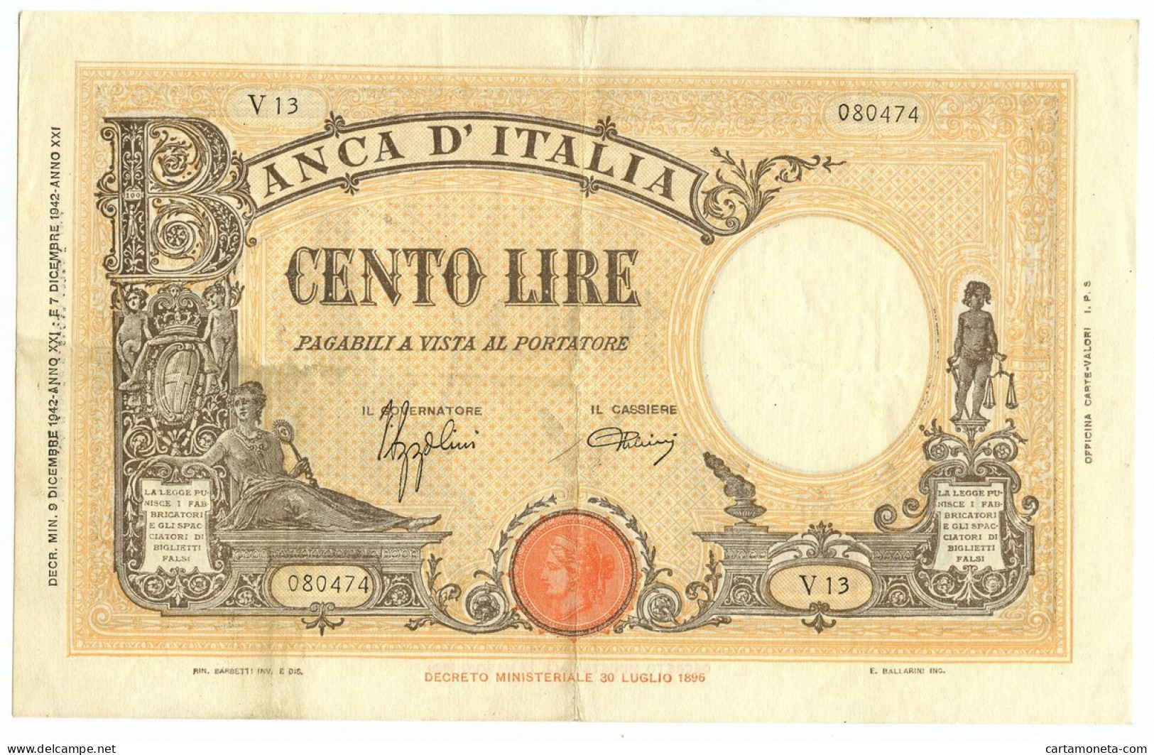 100 LIRE BARBETTI GRANDE B GIALLO TESTINA FASCIO 09/12/1942 BB+ - Andere