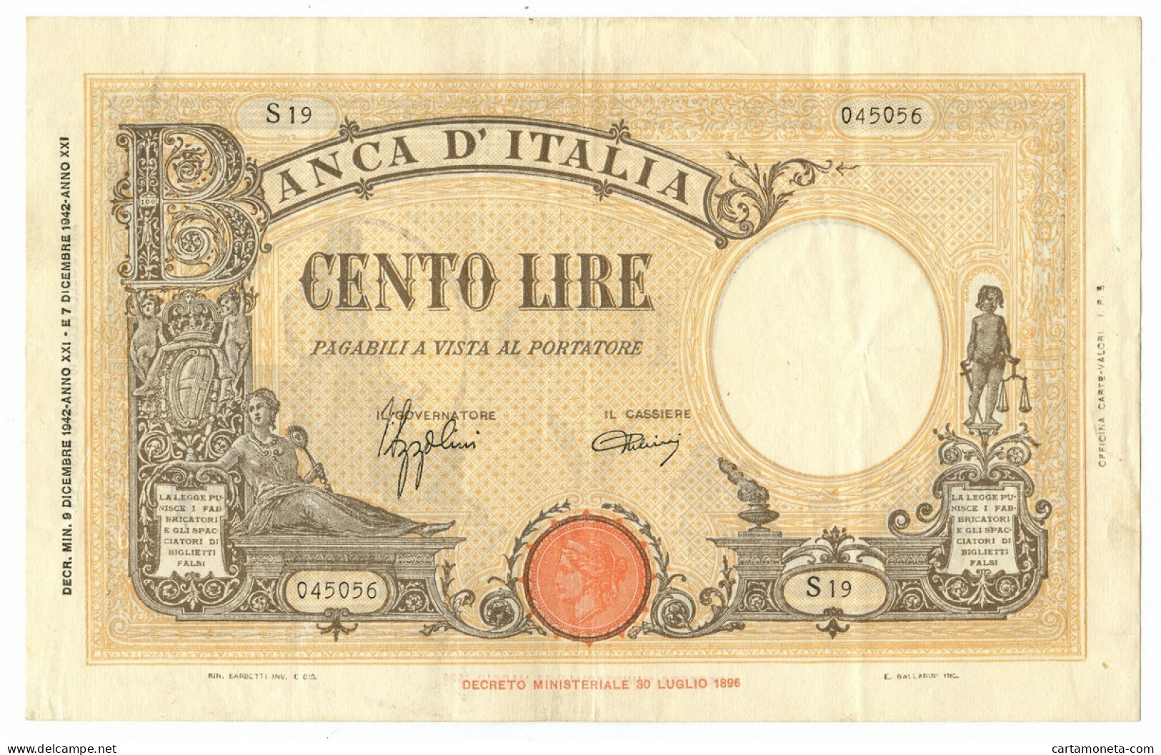 100 LIRE BARBETTI GRANDE B GIALLO TESTINA FASCIO 09/12/1942 BB/SPL - Regno D'Italia - Altri