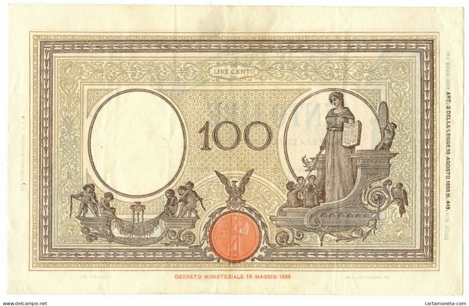 100 LIRE BARBETTI GRANDE B GIALLO TESTINA FASCIO 09/12/1942 QSPL - Regno D'Italia – Autres