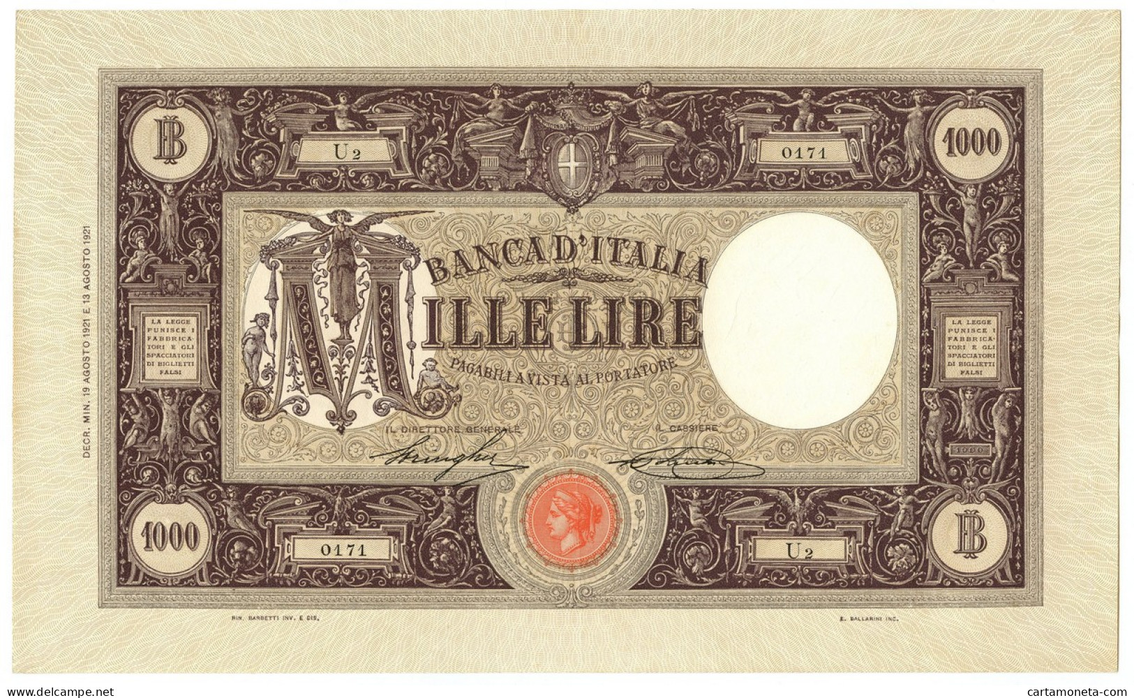 1000 LIRE BARBETTI GRANDE M TESTINA DECRETO 19/08/1921 SPL - Otros