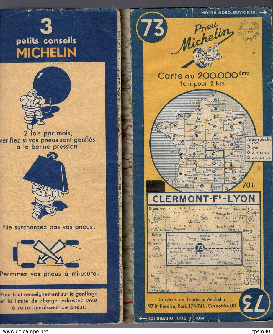 Carte Géographique MICHELIN - N° 073 CLERMON Fd - LYON 1950-2 - Cartes Routières