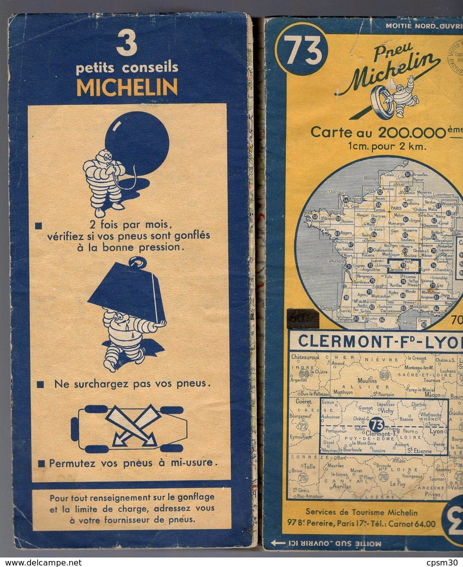 Carte Géographique MICHELIN - N° 073 CLERMON Fd - LYON 1950-2 - Cartes Routières