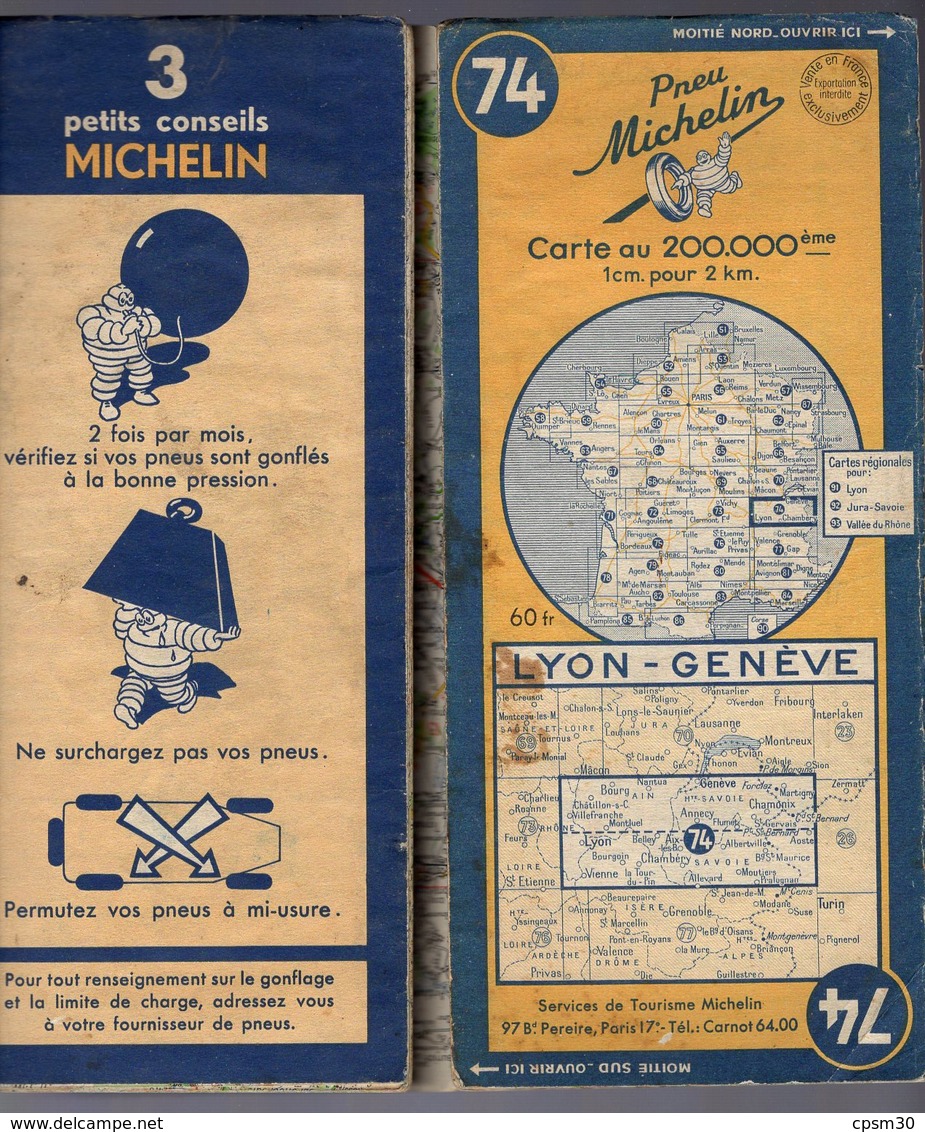 Carte Géographique MICHELIN - N° 074 LYON - GENEVE 1949-2 - Cartes Routières