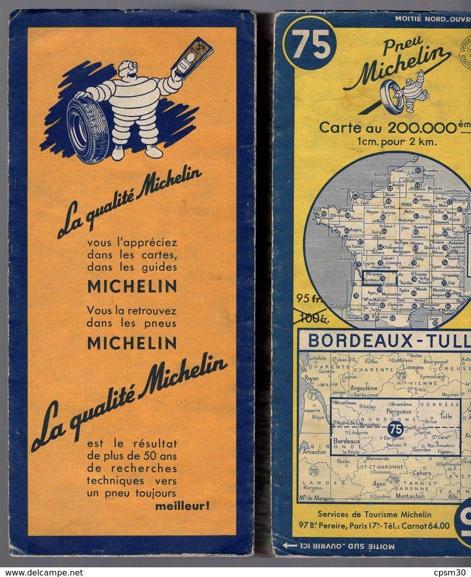 Carte Géographique MICHELIN - N° 075 BORDEAUX - TULLE 1951 - Cartes Routières