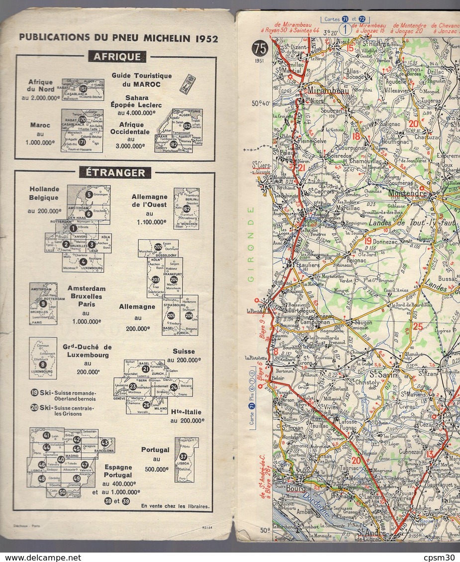 Carte Géographique MICHELIN - N° 075 BORDEAUX - TULLE 1951 - Cartes Routières