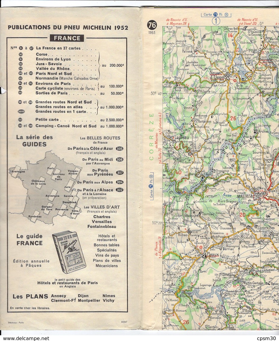 Carte Géographique MICHELIN - N° 076 AURILLAC - St ETIENNE 1953 - Cartes Routières