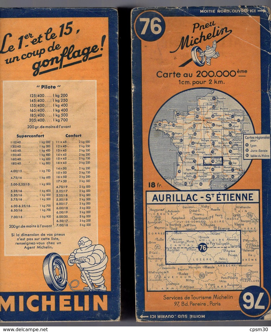 Carte Géographique MICHELIN - N° 076 AURILLAC - St ETIENNE 1945 - Cartes Routières