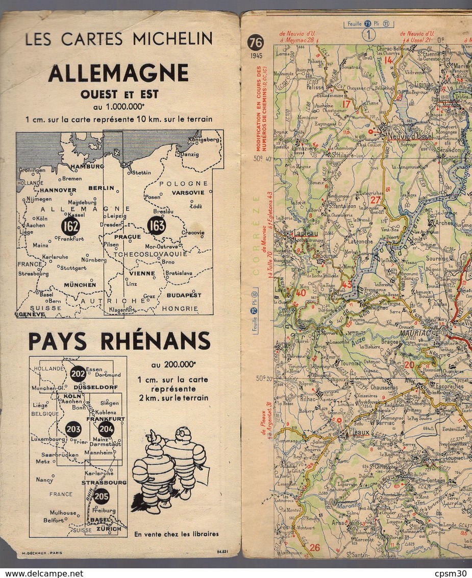 Carte Géographique MICHELIN - N° 076 AURILLAC - St ETIENNE 1945 - Cartes Routières