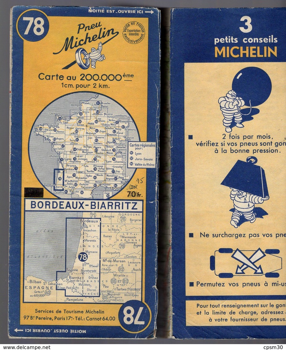 Carte Géographique MICHELIN - N° 078 BORDEAUX - BIARRITZ 1950 - Cartes Routières