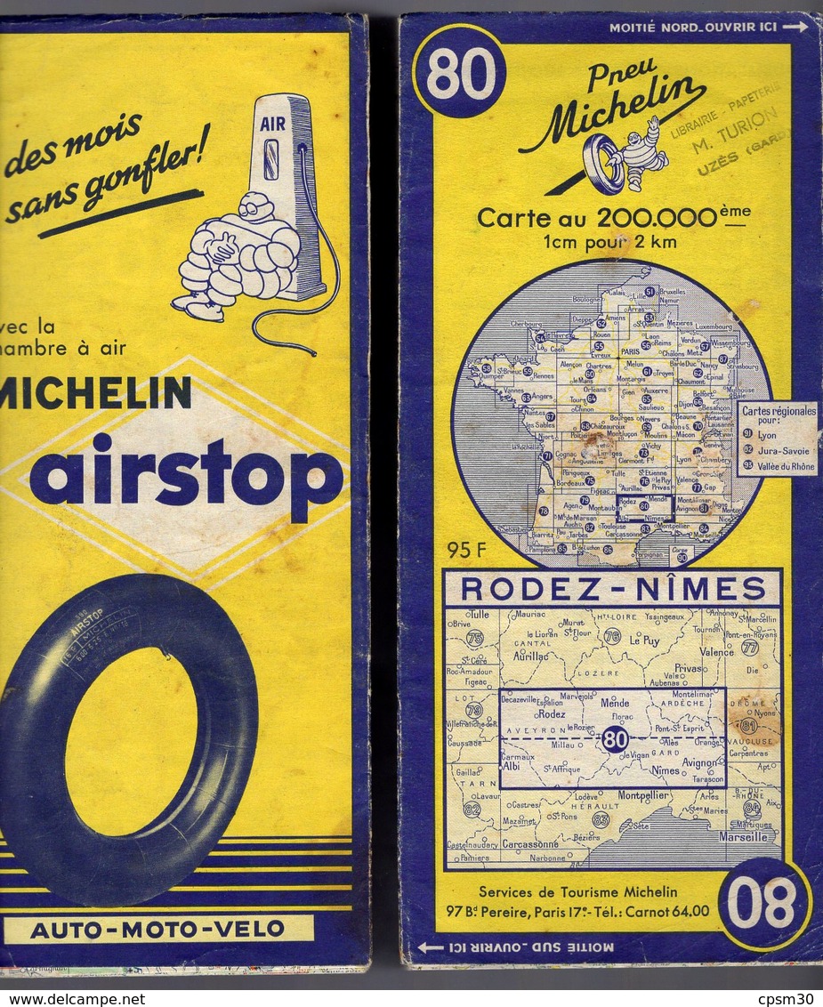 Carte Géographique MICHELIN - N° 080 RODEZ - NIMES - 1952 - Cartes Routières