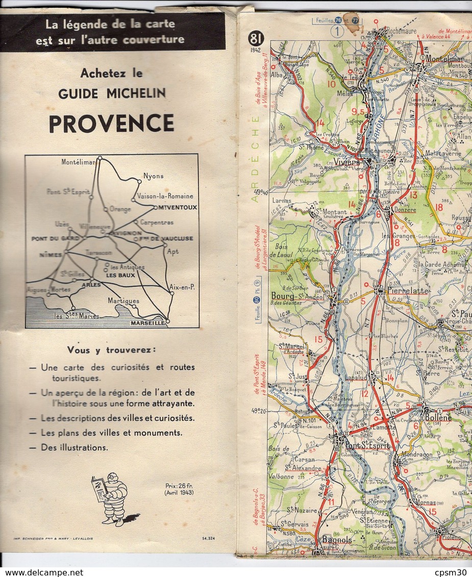 Carte Géographique MICHELIN - N° 081 AVIGNON - DIGNE 1942 - Cartes Routières