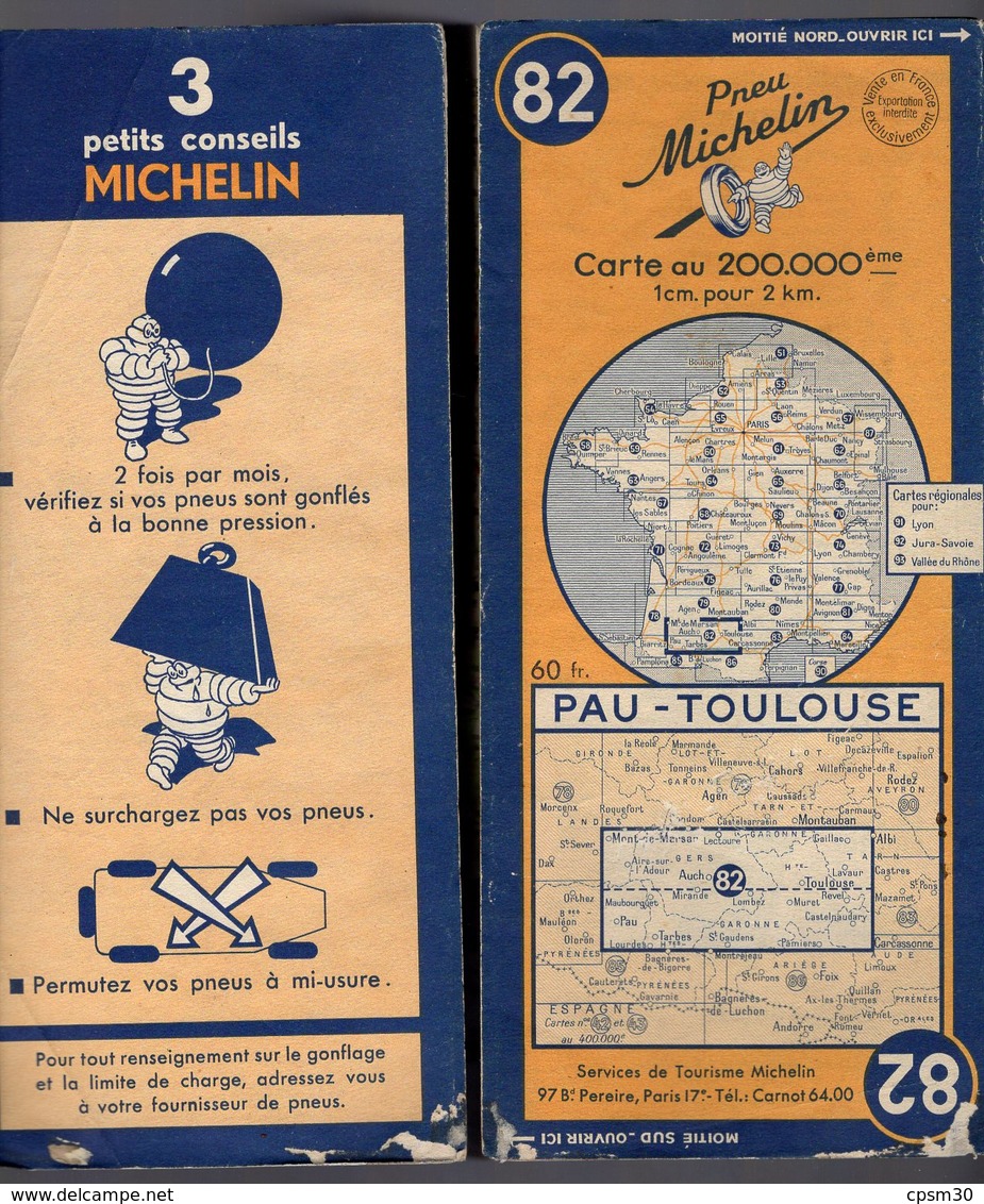 Carte Géographique MICHELIN - N° 082 PAU - TOULOUSE  1948 - Cartes Routières