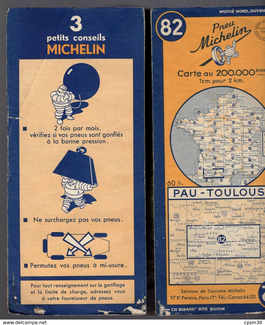 Carte Géographique MICHELIN - N° 082 PAU - TOULOUSE  1948 - Cartes Routières