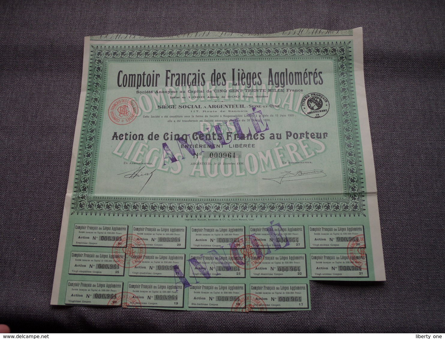 Comptoir Français Des Lièges Agglomérés : Action De 500 Francs Au Porteur : N° 000964 ( Voir Photo ) - Autres & Non Classés