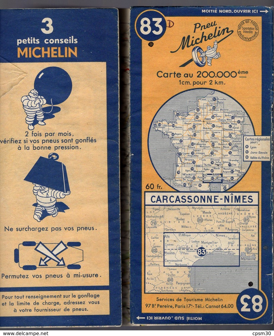 Carte Géographique MICHELIN - N° 083 CARCASSONNE - NIMES 1949 - Cartes Routières