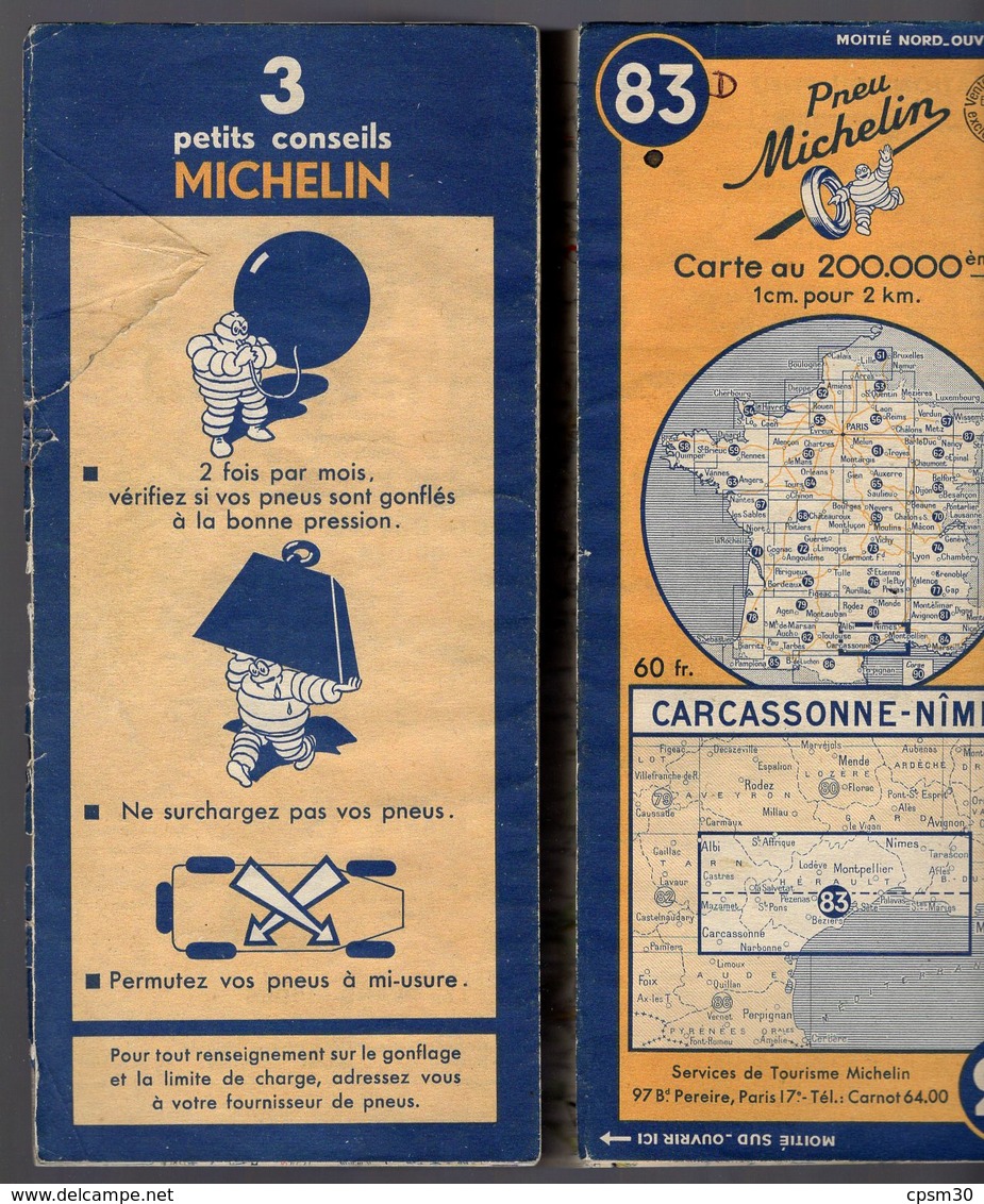 Carte Géographique MICHELIN - N° 083 CARCASSONNE - NIMES 1949 - Roadmaps