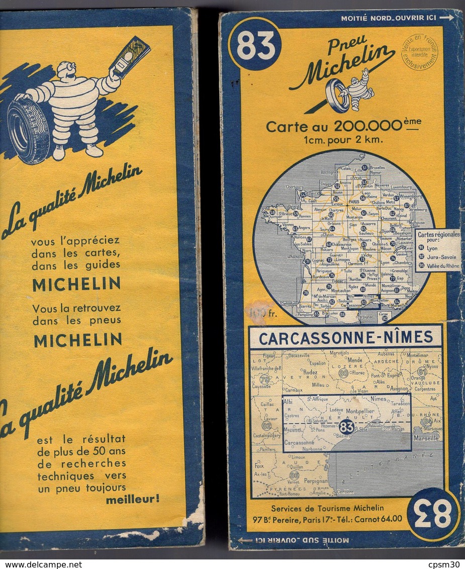 Carte Géographique MICHELIN - N° 083 CARCASSONNE - NIMES 1951 - Cartes Routières