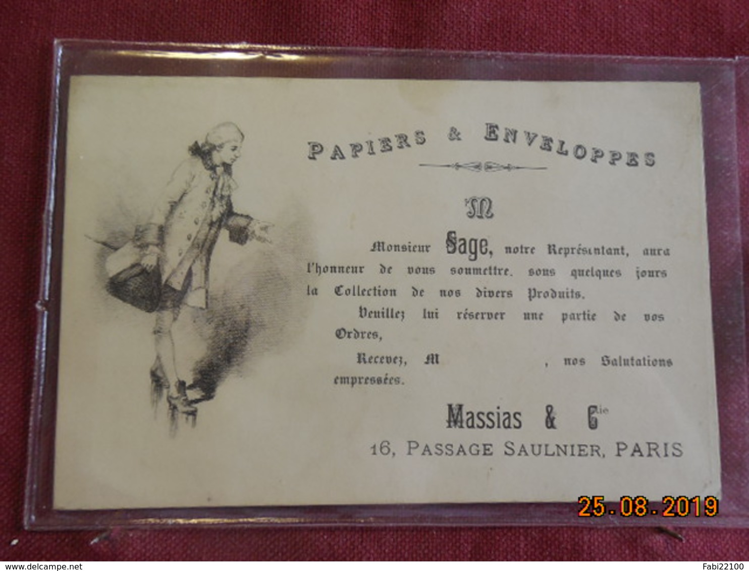 Carte Publicitaire - Paris - "Papiers Et Enveloppes Massias & Cie " - 16, Passage Saulnier (9ème) - Autres & Non Classés