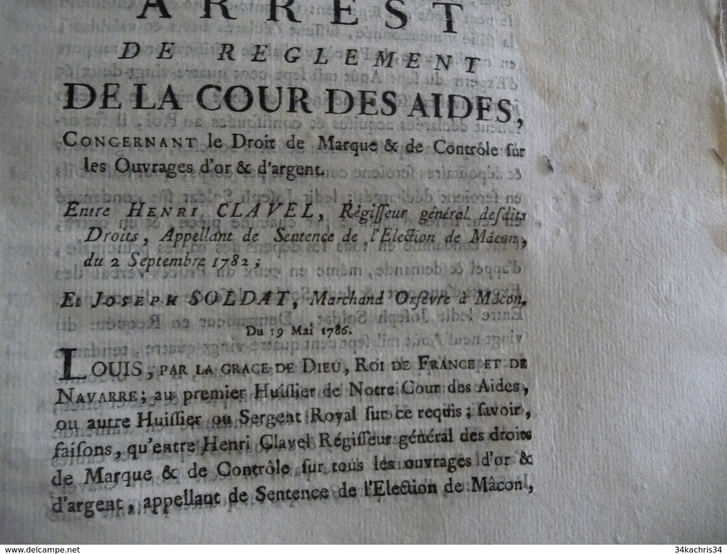 Arrest De Règlement De La Cour Des Aydes Droit De Marque Et Contrôle Ouvrages Or Et Argent 19/05/1782 Mouillures - Gesetze & Erlasse