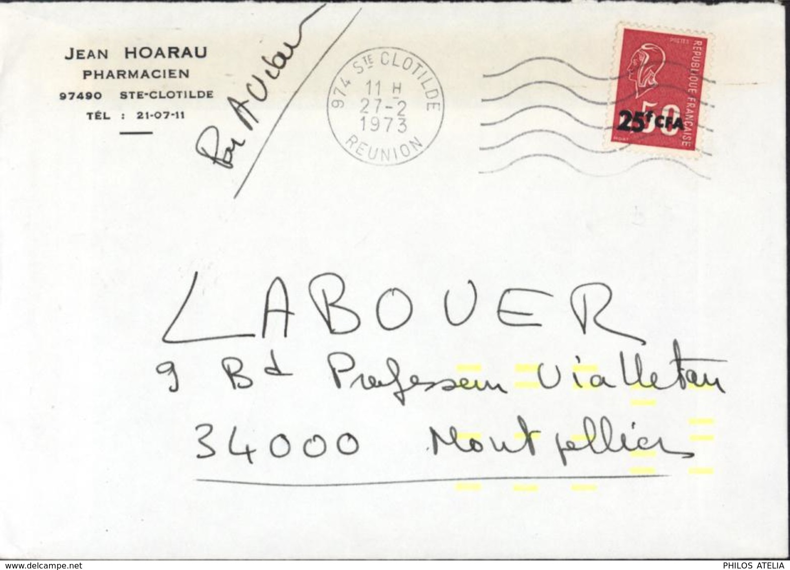 J Horeau Pharmacien Ste Clotilde YT 393 CAD 974 Ste Clotilde Réunion 27 2 73 Marque Fluo Jaune Pr Essai Automatisation - Lettres & Documents