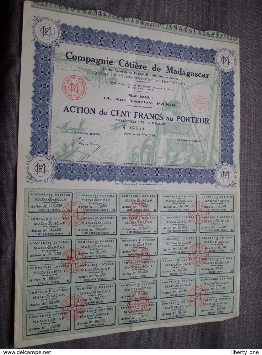 Cie Côtière De MADAGASCAR : Action De 100 Francs Au Porteur : N° 06,650 ( Voir Photo ) - Andere & Zonder Classificatie