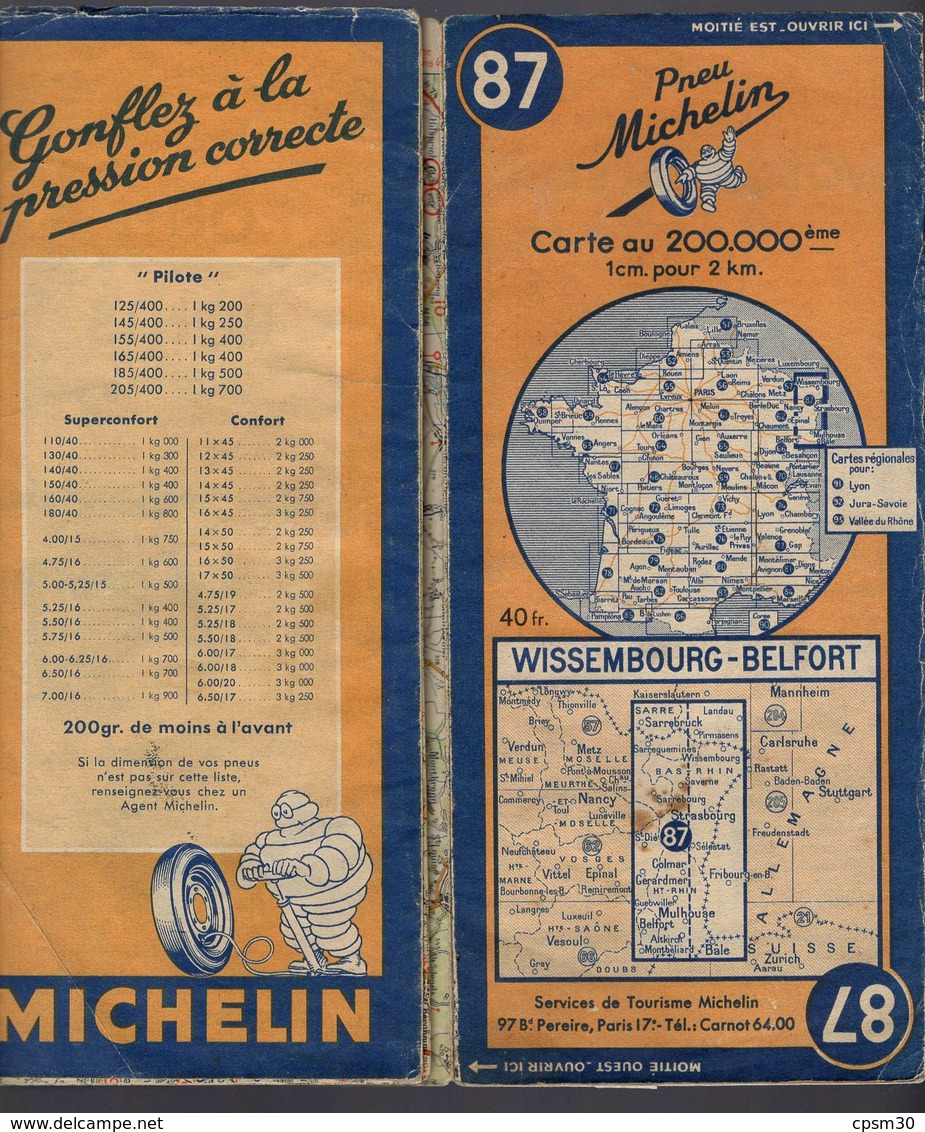 Carte Géographique MICHELIN - N° 087 WISSEMBOURG - BELFORT 1948 - Cartes Routières