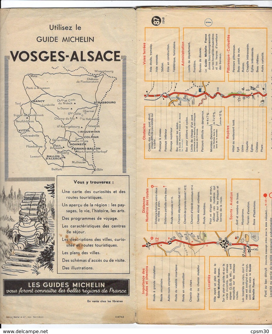 Carte Géographique MICHELIN - N° 087 WISSEMBOURG - BELFORT 1948 - Cartes Routières