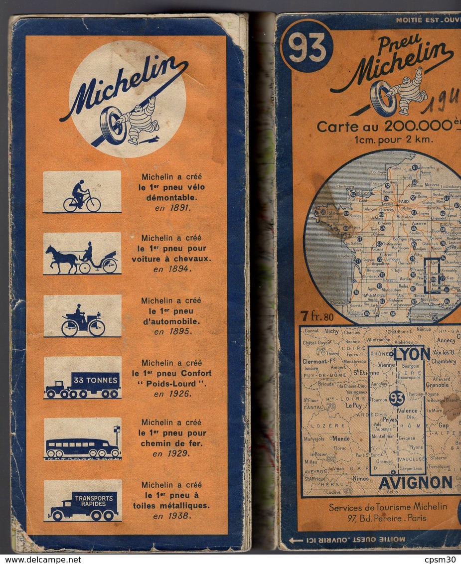 Carte Géographique MICHELIN - N° 093 LYON - AVIGNON 1942 - Cartes Routières