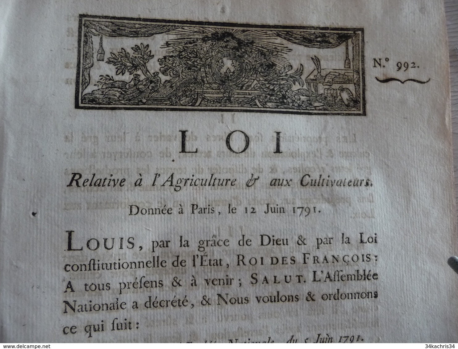 Révolution Loi Relative à L'agriculture Et Aux Agriculteurs 05/06/1791 - Décrets & Lois