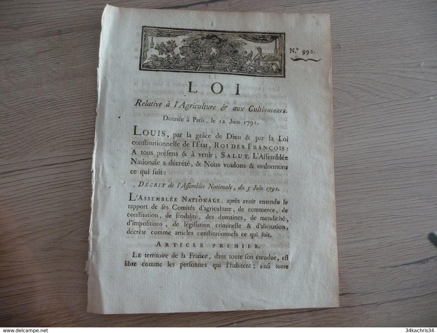 Révolution Loi Relative à L'agriculture Et Aux Agriculteurs 05/06/1791 - Décrets & Lois