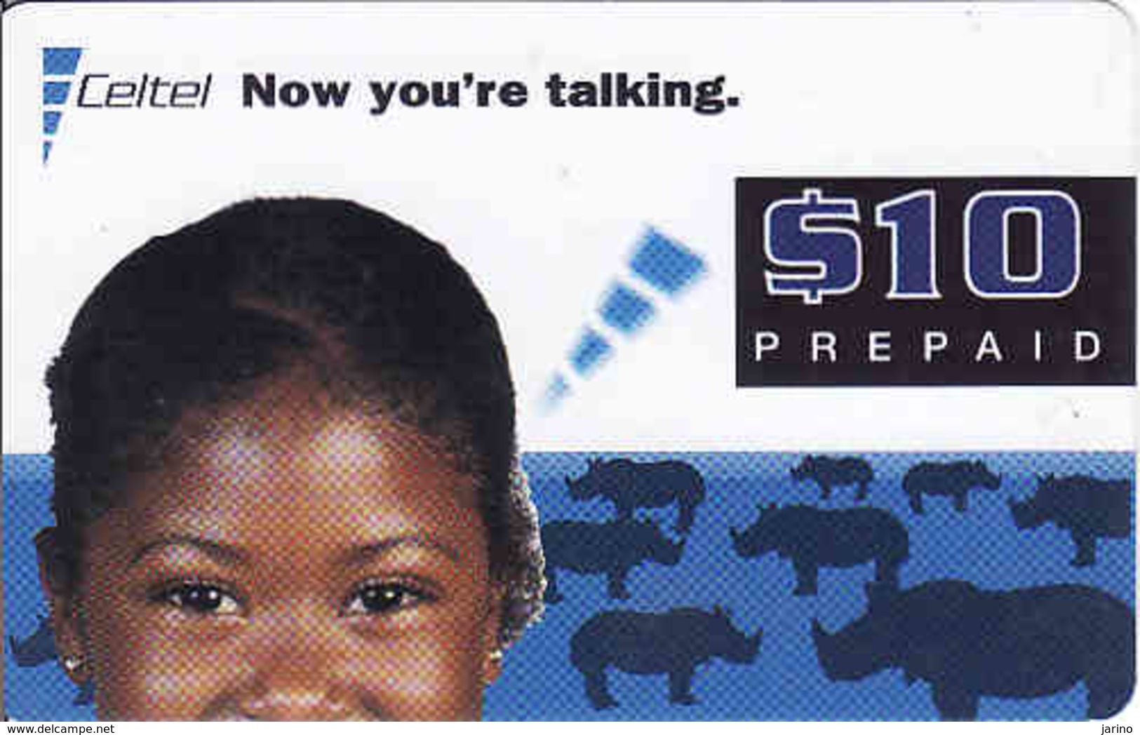 Zambia, Celtel Prepaid $10, Girl, Rhino, Expiry Date: 11/2002, Used - Zambia