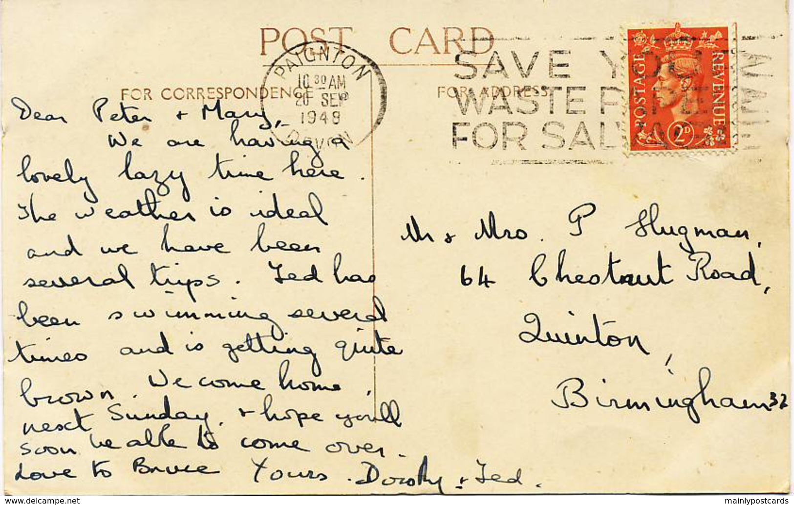 AJ05 Terrace Walk And Vane Hill, Torquay - Slogan Postmark, Save Your Waste Paper - Torquay