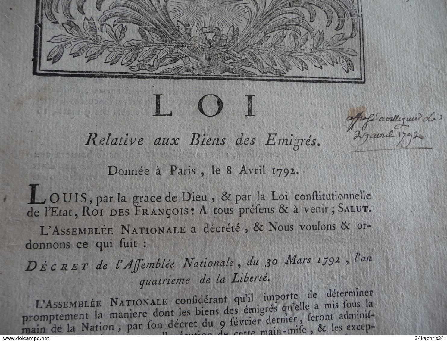 Loi Relative Aux Biens Des Emigrés Paris 08/04/1792 8 Pages - Decrees & Laws
