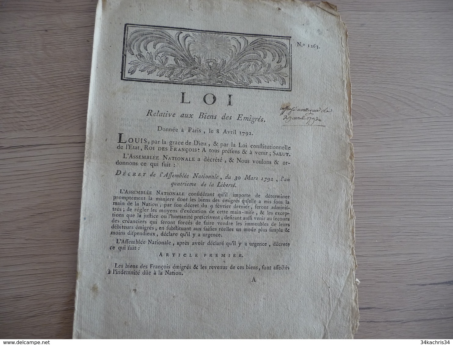 Loi Relative Aux Biens Des Emigrés Paris 08/04/1792 8 Pages - Decrees & Laws