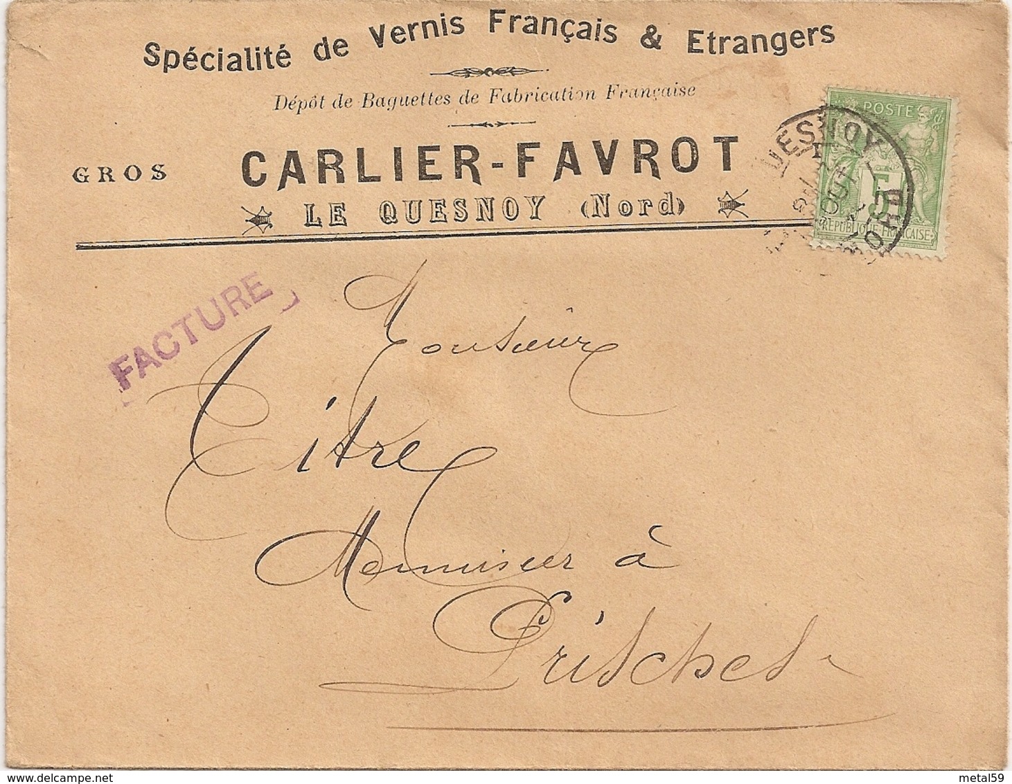 Enveloppe Droguerie Vernis Carlier Favrot à Le Quesnoy, Timbre Type Sage 5c N°102, 1899 - 1877-1920: Periodo Semi Moderno