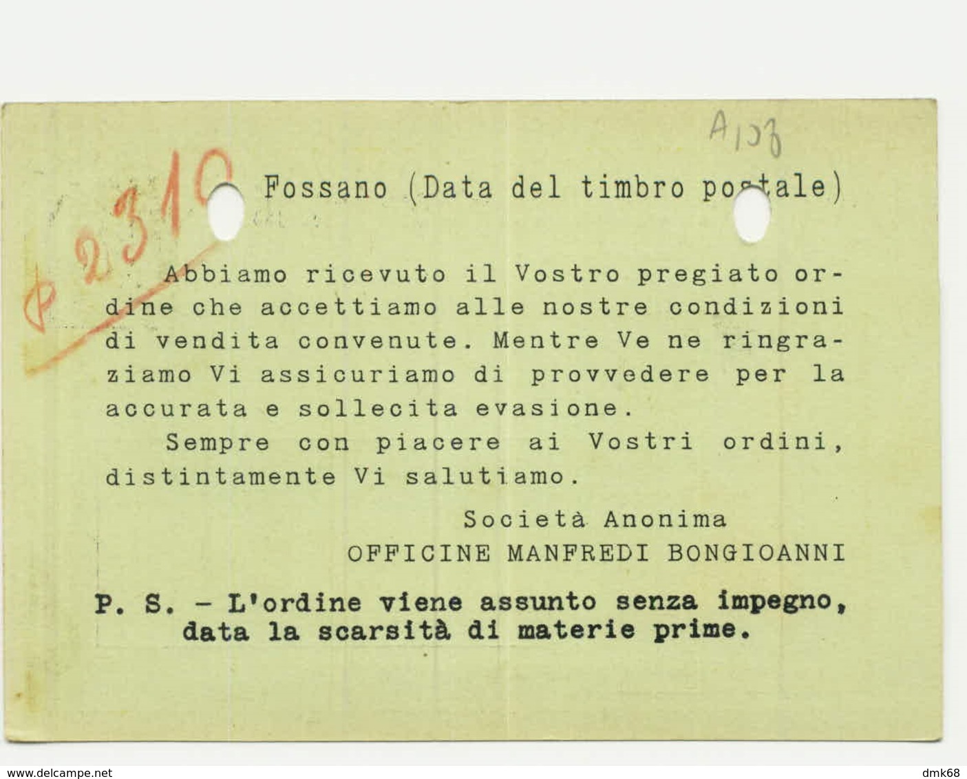 FOSSANO ( CUNEO - OFFICINE MANFREDI BONGIOVANNI - CARTOLINA PUBBLICITARIA  - PERFIN - 1930s (3624) - Cuneo