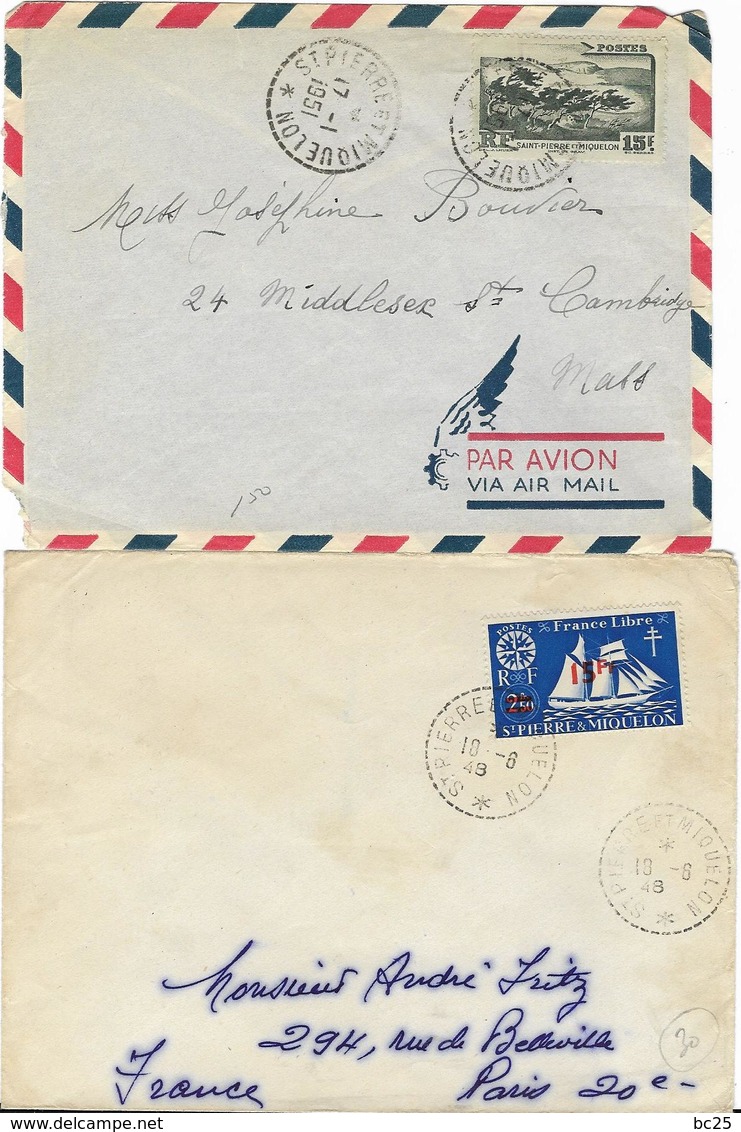 SAINT PIERRE ET MIQUELON - 2 BELLES ENVELOPPES ECRITES POUR CAMBRIGE ET PARIS EN 1948 ET 1951 - Autres & Non Classés