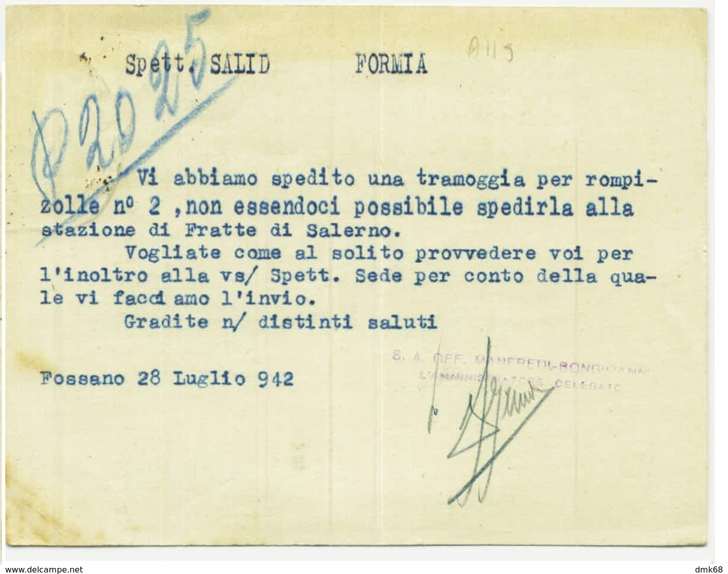 FOSSANO ( CUNEO ) OFFICINE MANFREDI BONGIOVANNI - CARTOLINA PUBBLICITARIA  - PERFIN - 1942 (3628) - Cuneo