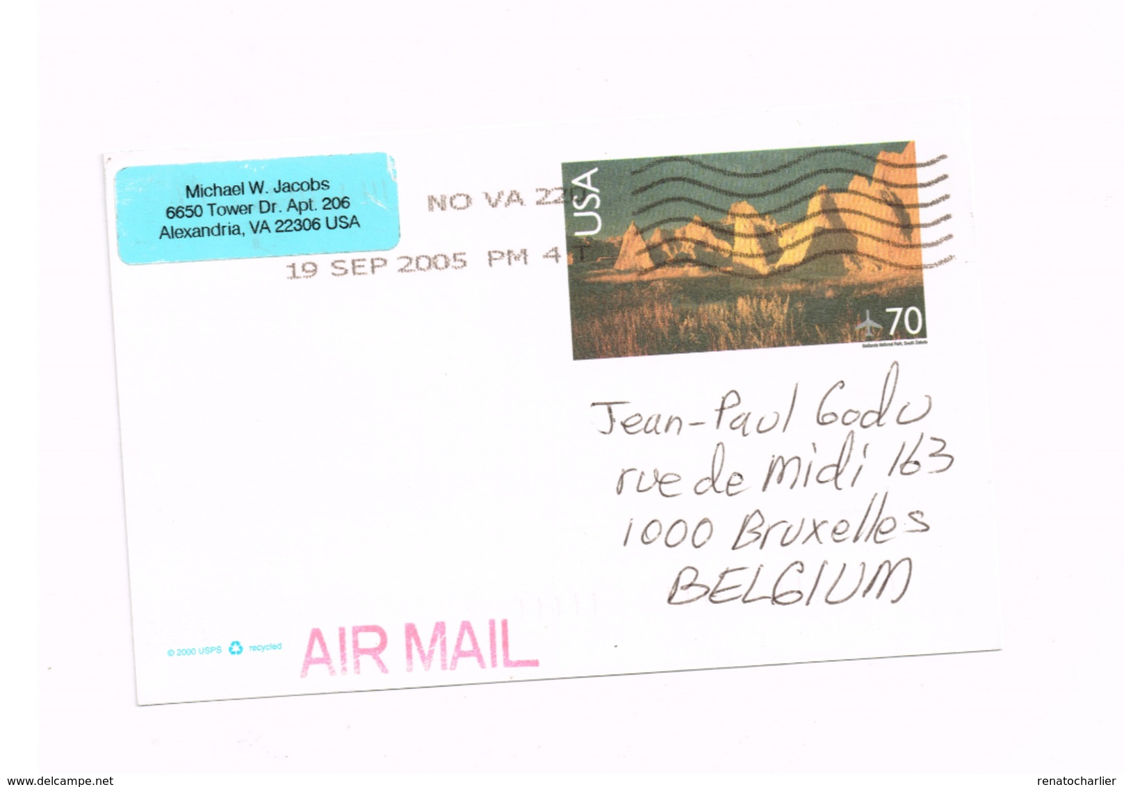 Entier Postal à 70 Cents.Expédié De Alexandria (VA) à Bruxelles. - 2001-10