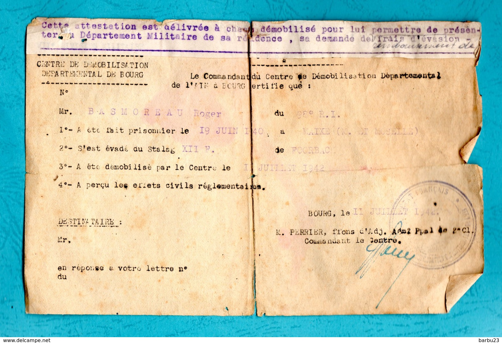 WW2 Fiche D'identité + Ordre De Mission + Attestation D'évadé 1942 - Documents Historiques