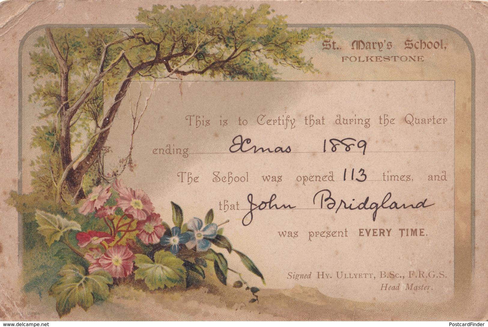 St Marys School Folkestone Kent Victorian Flowers 1889 Attendance Card - Historical Documents