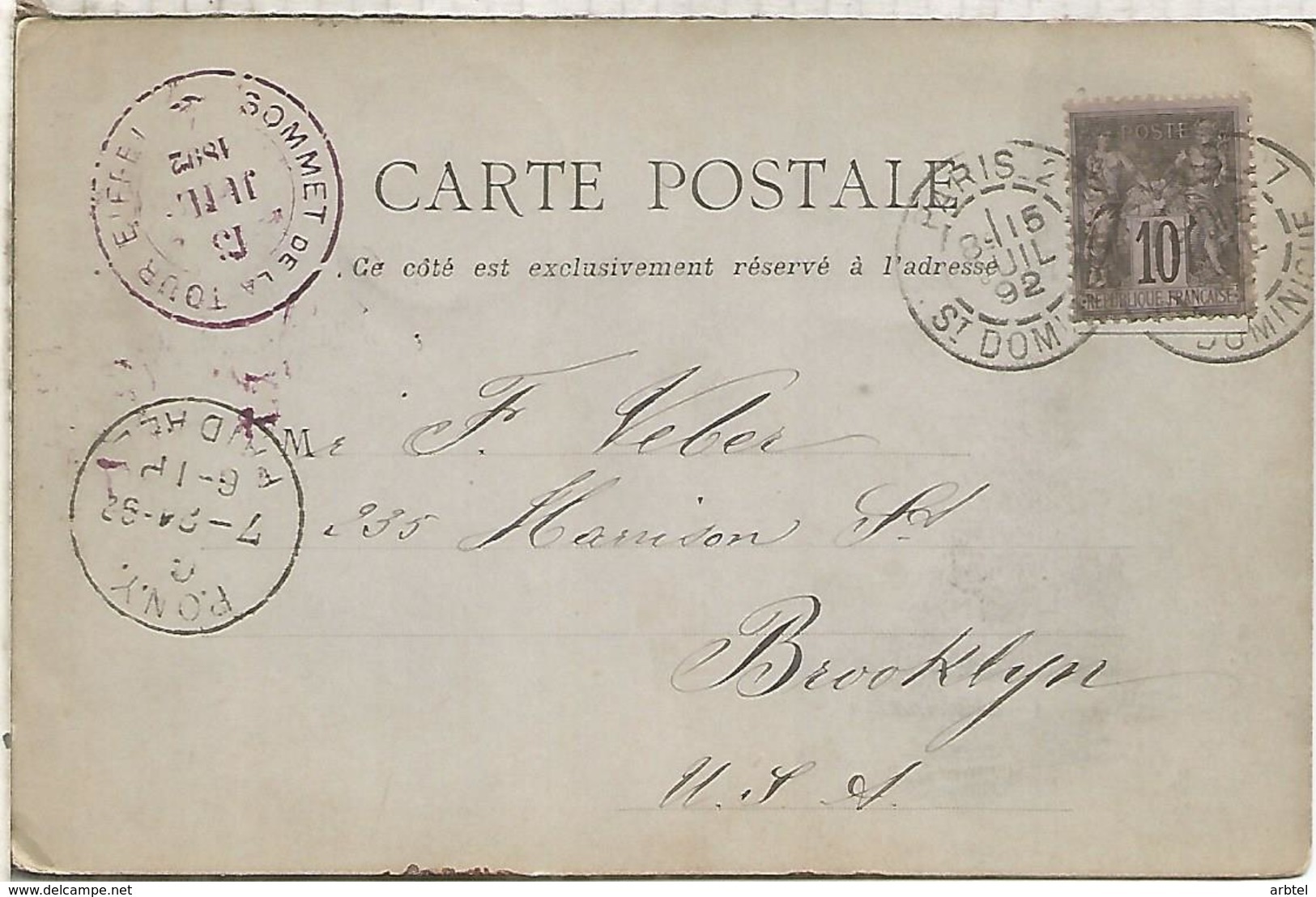 FRANCE EIFFEL TOWER POSTCARD 1892 PARIS POSTMARK AND SOMMET DE LA TOUR EIFFEL CACHET - Monuments