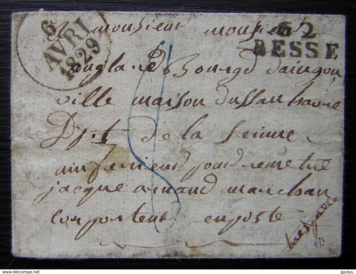 Besse En Chandesse 1829 (Puy De Dôme) Marque Noire 62/ BESSE Sur Jolie Petite Lettre Avec Taxe 8 En Bleu - 1801-1848: Vorläufer XIX